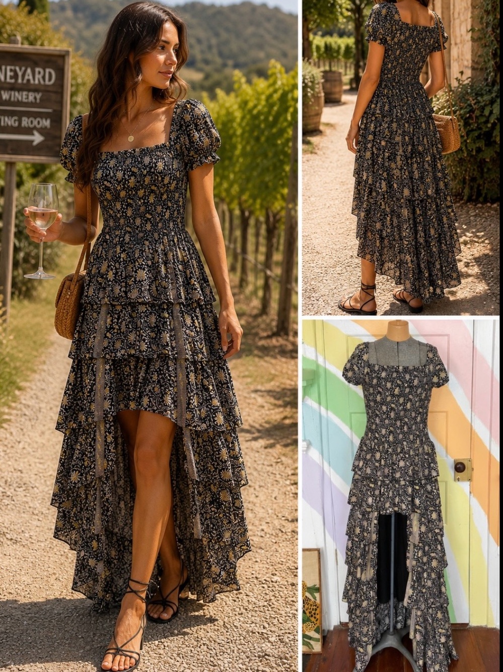 Muche Et Muchette Smocked Floral Tiered High Low Maxi Dress Sz OS 🧡🍄